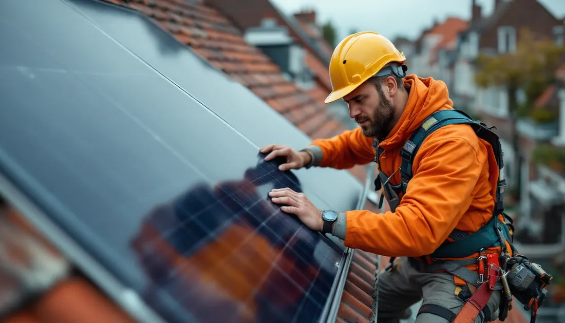 Erkende installateur plaatst zonnepanelen op een dak in Amsterdam