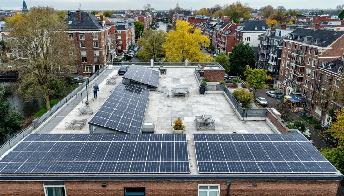 Zonnepanelen in oost-west opstelling op een plat dak in Amsterdam